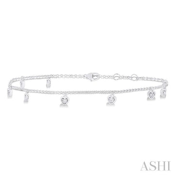 1/10 Ctw Heart Charm Round Cut Diamond Station Anklet in 10K White Gold